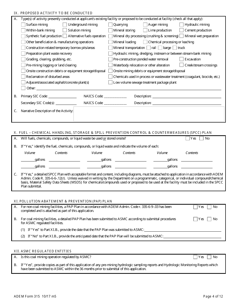 ADEM Form 315 Npdes Individual Permit Application (Mining Operations) - Alabama, Page 4
