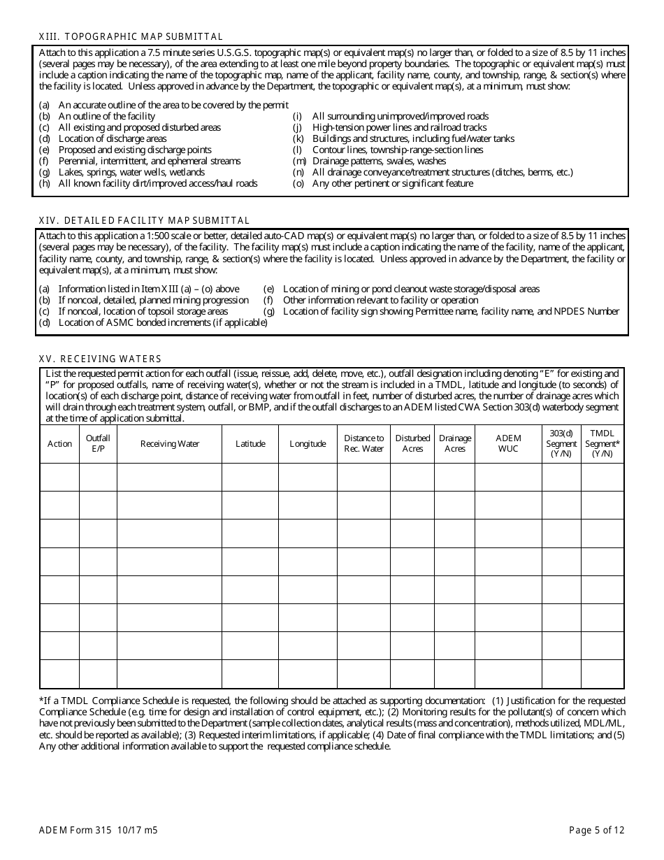 ADEM Form 315 Npdes Individual Permit Application (Mining Operations) - Alabama, Page 5