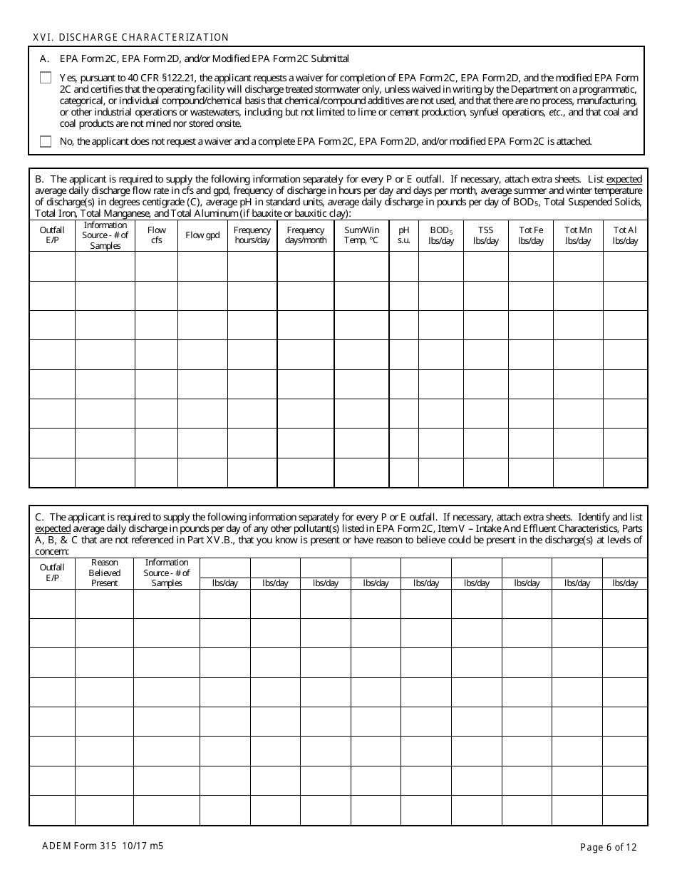 ADEM Form 315 Npdes Individual Permit Application (Mining Operations) - Alabama, Page 6