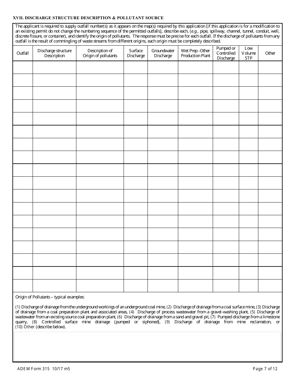 ADEM Form 315 Npdes Individual Permit Application (Mining Operations) - Alabama, Page 7