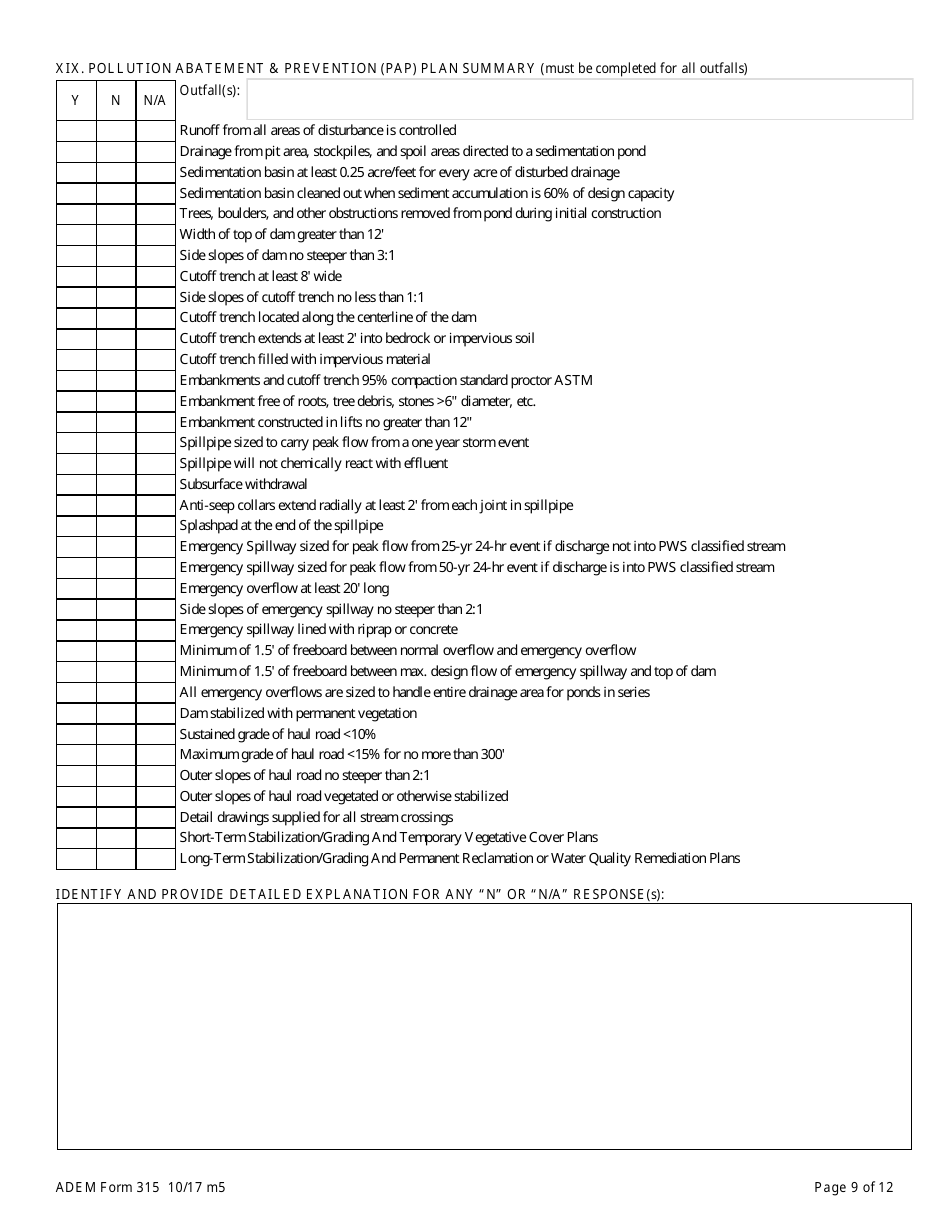 ADEM Form 315 Npdes Individual Permit Application (Mining Operations) - Alabama, Page 9