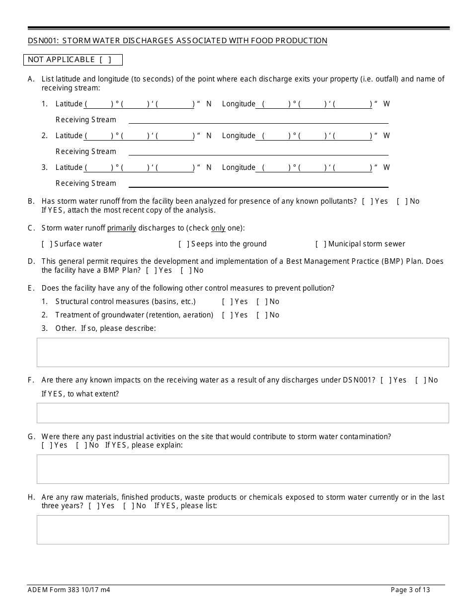 ADEM Form 383 Notice of Intent - Npdes General Permit Number Alg150000 - Alabama, Page 3