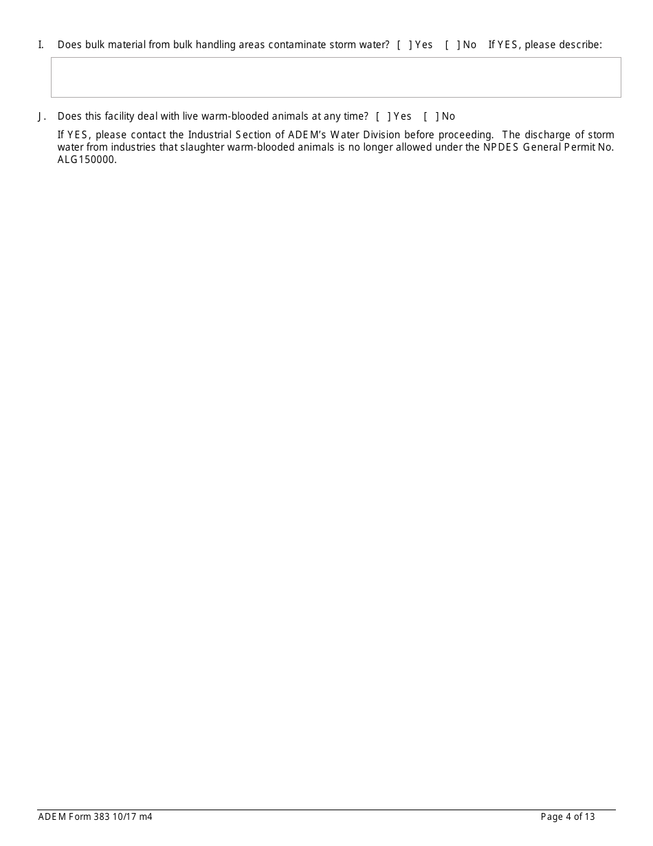 ADEM Form 383 Notice of Intent - Npdes General Permit Number Alg150000 - Alabama, Page 4