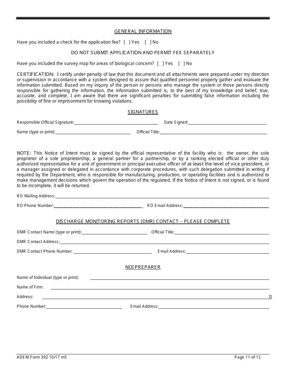 ADEM Form 392 Notice of Intent - Npdes General Permit Number Alg280000 - Alabama, Page 11