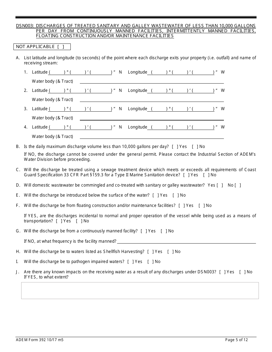 ADEM Form 392 Notice of Intent - Npdes General Permit Number Alg280000 - Alabama, Page 5