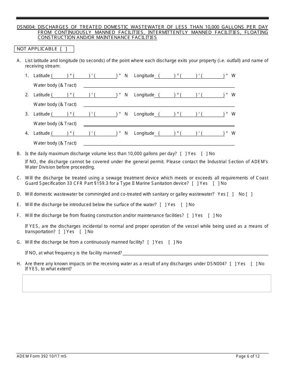 ADEM Form 392 Notice of Intent - Npdes General Permit Number Alg280000 - Alabama, Page 6