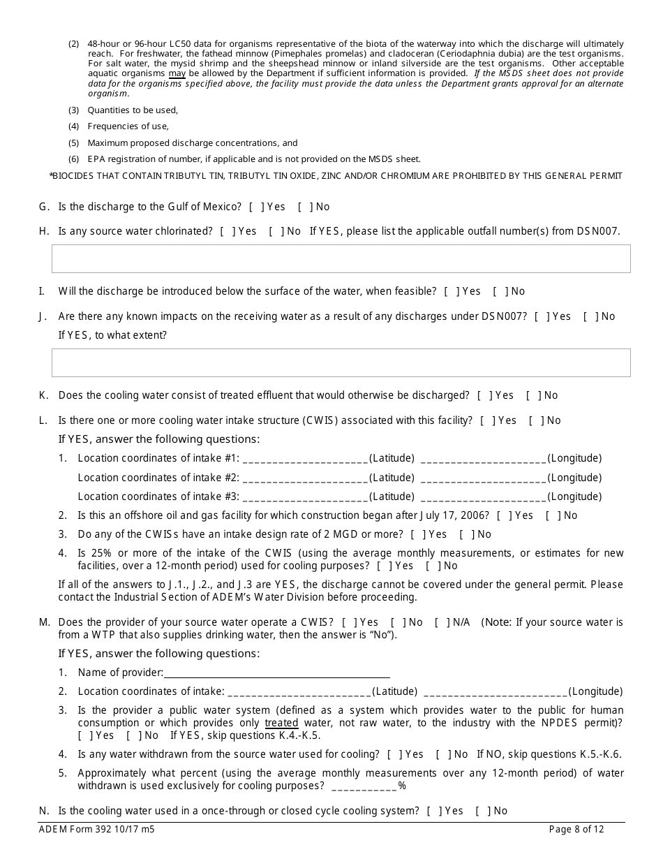 ADEM Form 392 Notice of Intent - Npdes General Permit Number Alg280000 - Alabama, Page 8