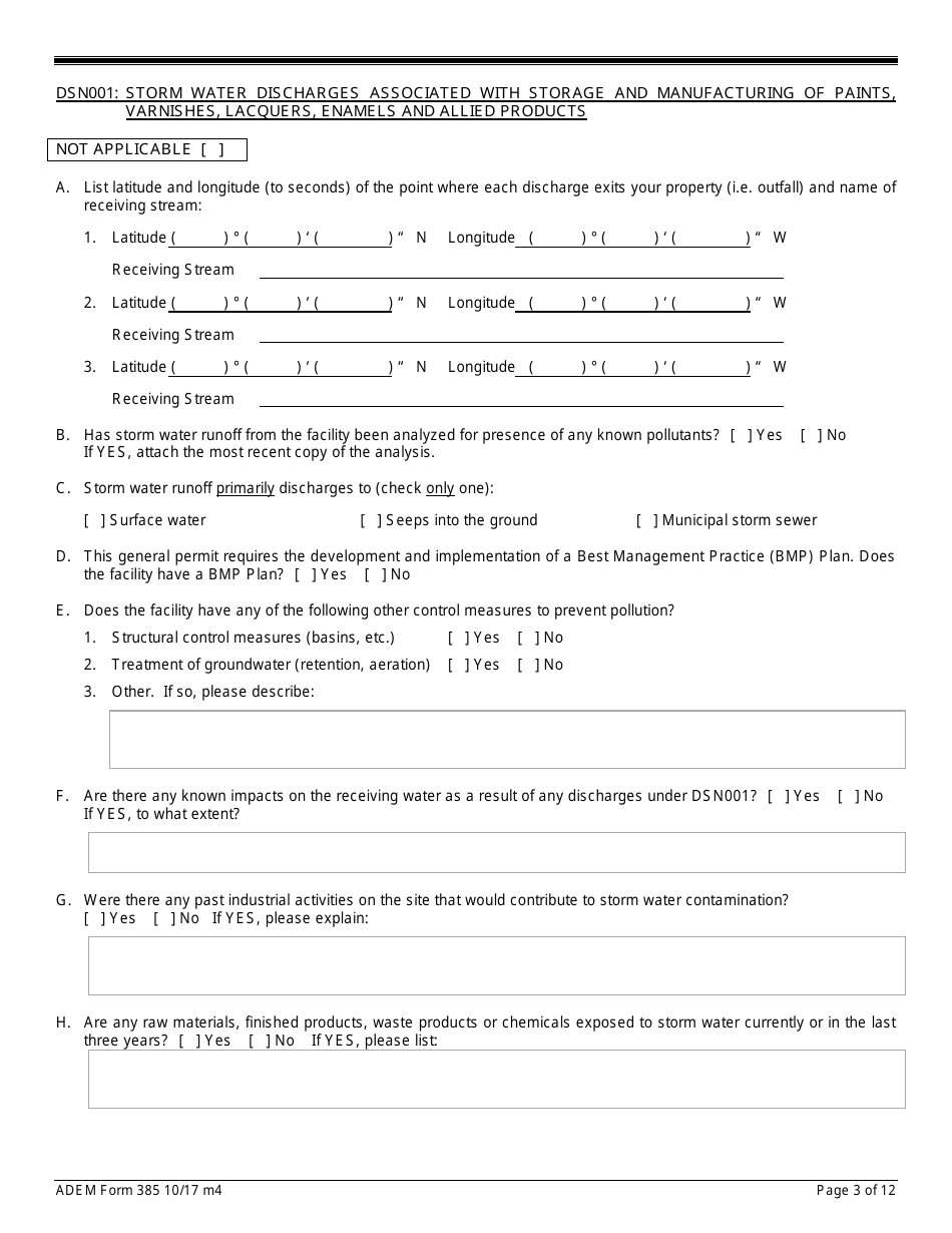 ADEM Form 385 Notice of Intent - Npdes General Permit Number Alg170000 - Alabama, Page 3