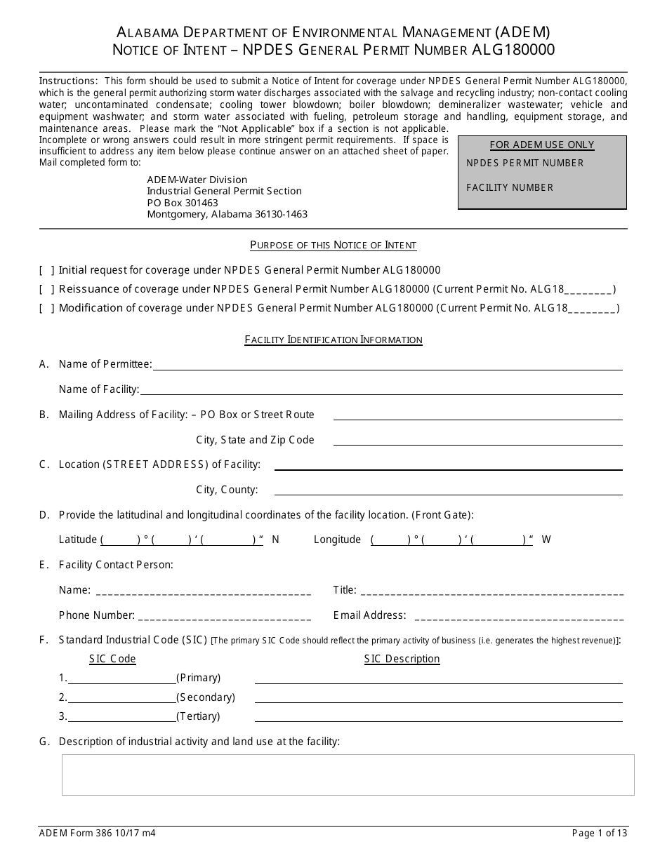 ADEM Form 386 Notice of Intent - Npdes General Permit Number Alg180000 - Alabama, Page 1