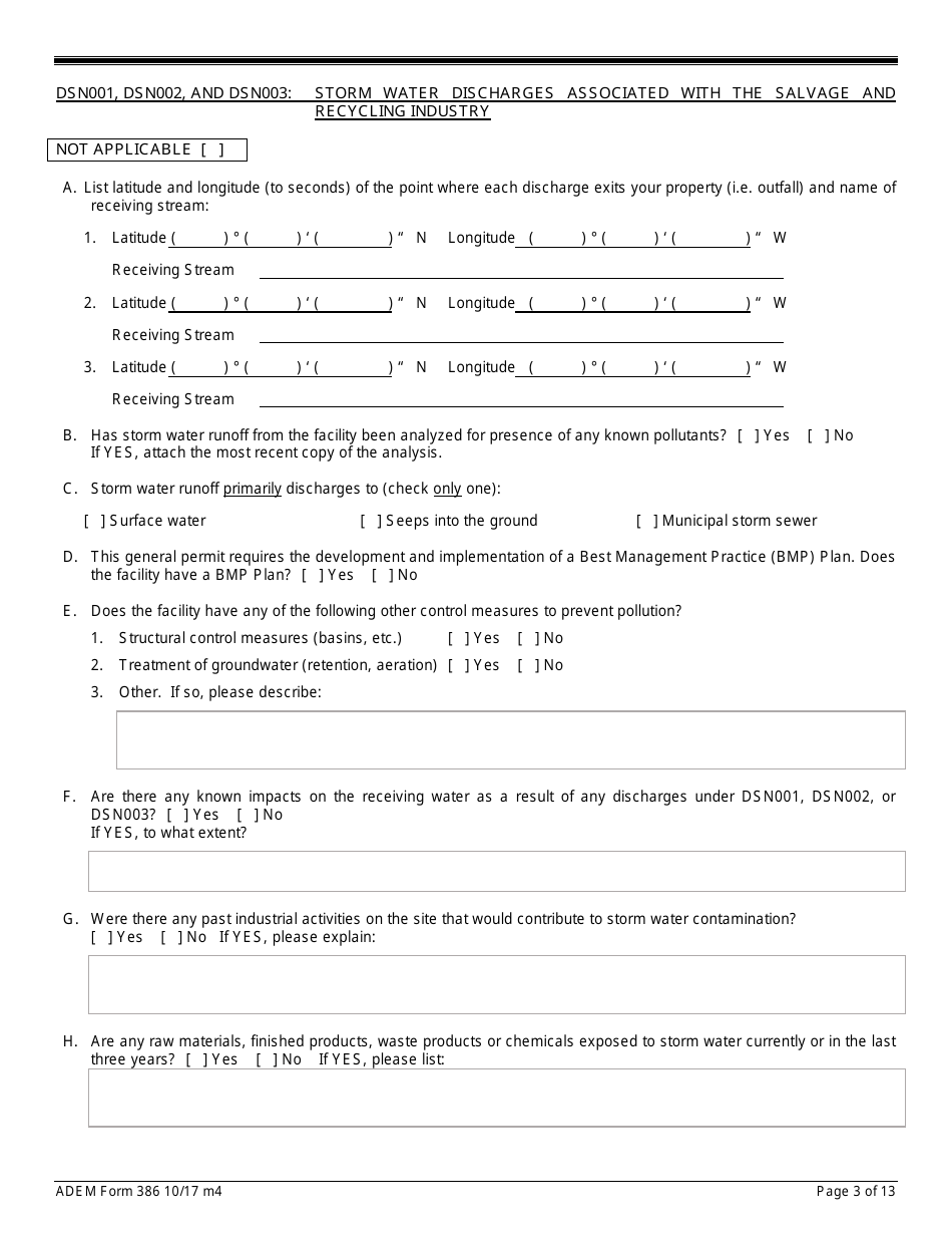 ADEM Form 386 Notice of Intent - Npdes General Permit Number Alg180000 - Alabama, Page 3