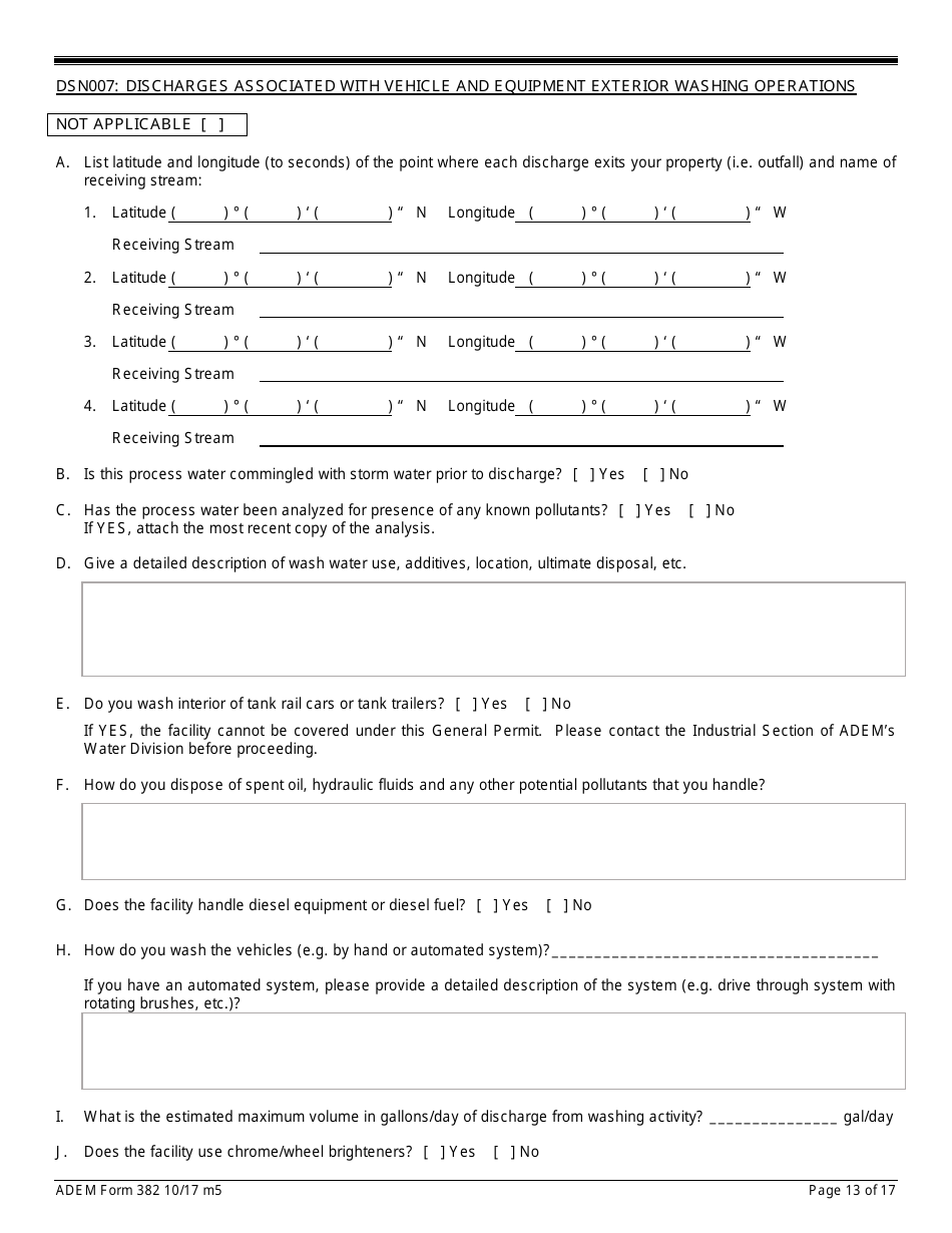 ADEM Form 382 Notice of Intent - Npdes General Permit Number Alg140000 - Alabama, Page 13
