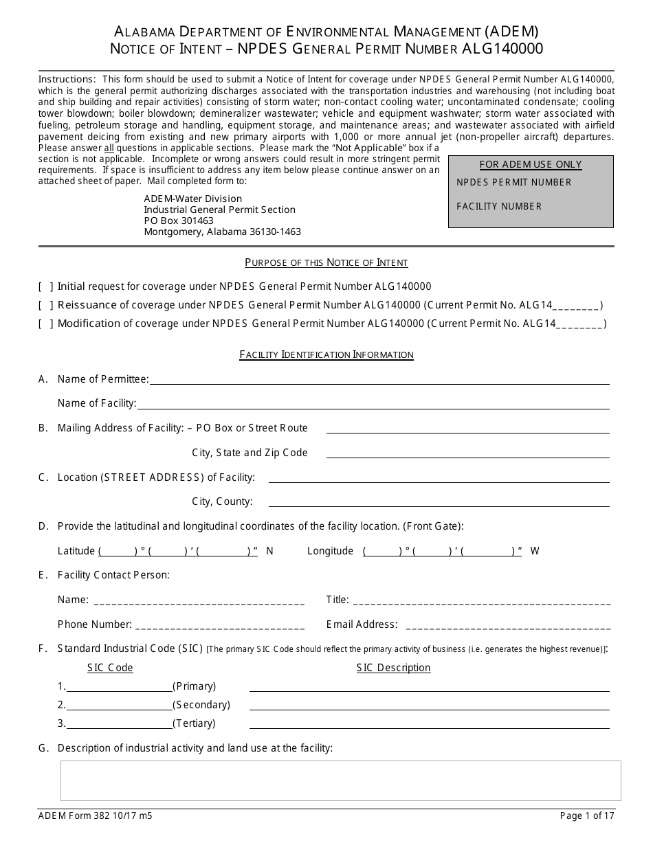 ADEM Form 382 Notice of Intent - Npdes General Permit Number Alg140000 - Alabama, Page 1
