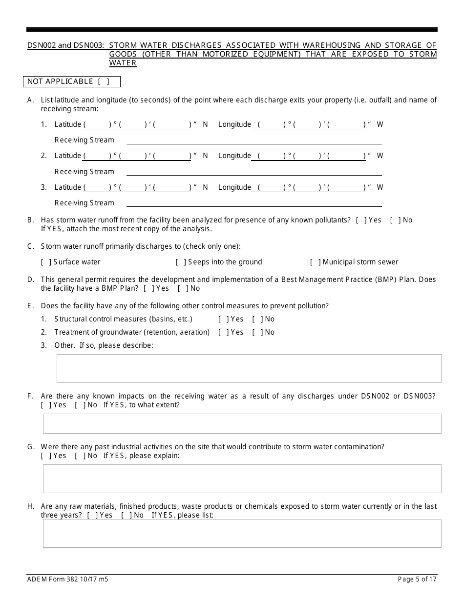 ADEM Form 382 Notice of Intent - Npdes General Permit Number Alg140000 - Alabama, Page 5
