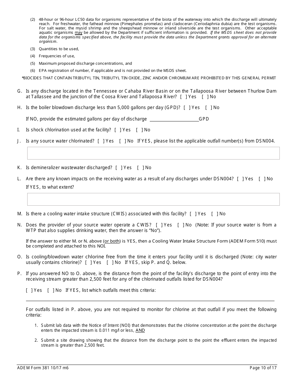 ADEM Form 381 Notice of Intent - Npdes General Permit Number Alg120000 - Alabama, Page 10