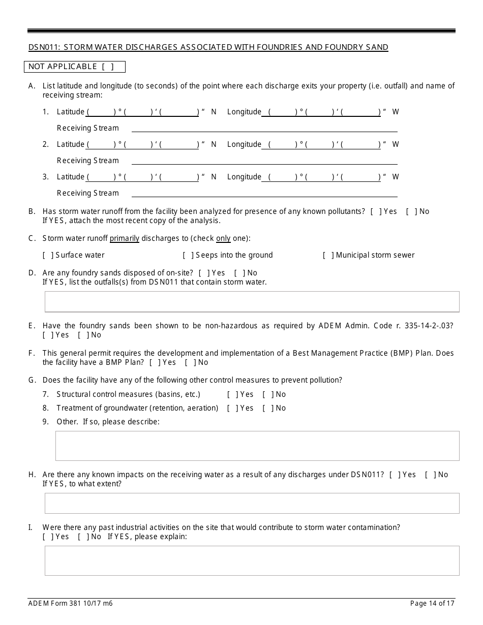 ADEM Form 381 Notice of Intent - Npdes General Permit Number Alg120000 - Alabama, Page 14