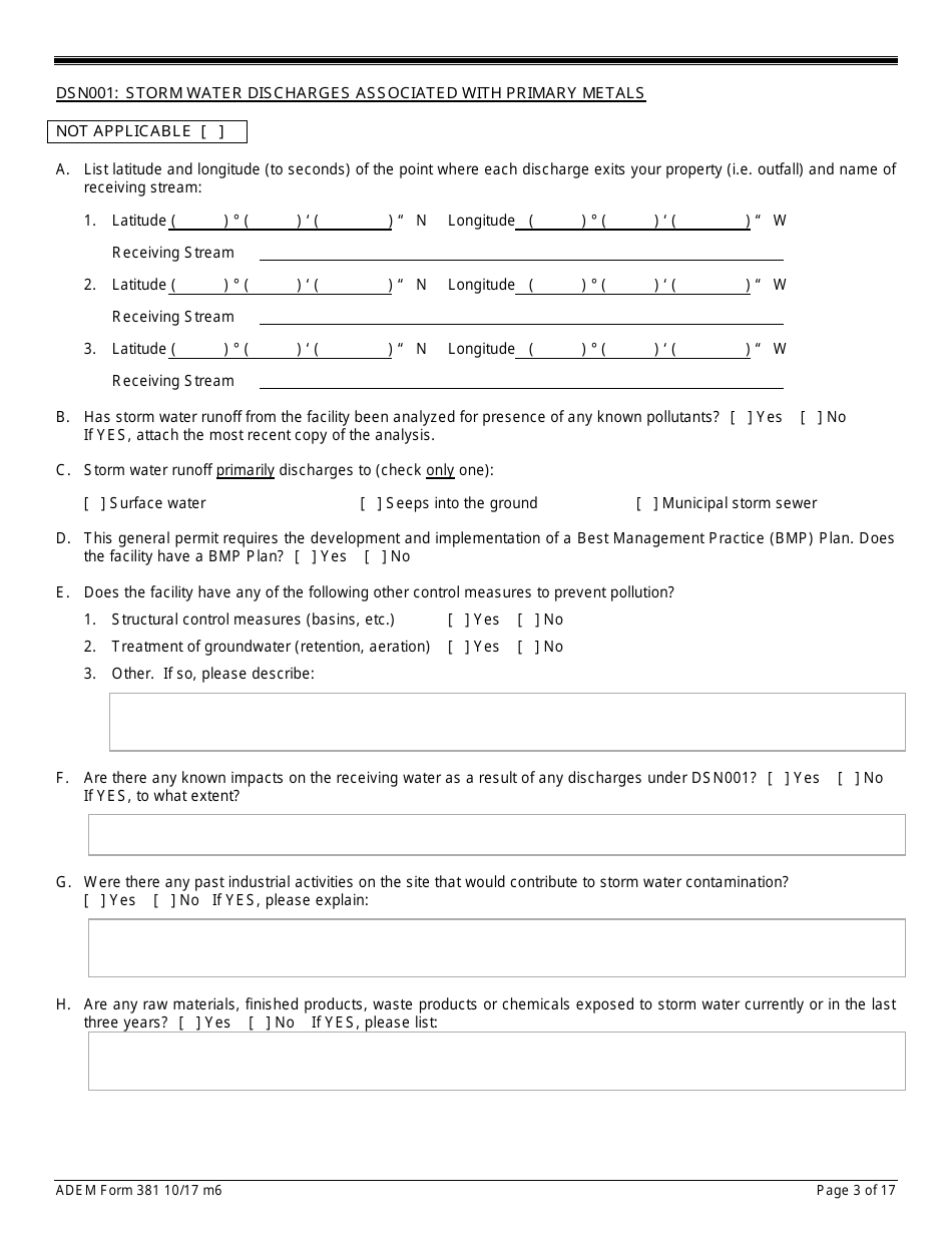 ADEM Form 381 Notice of Intent - Npdes General Permit Number Alg120000 - Alabama, Page 3