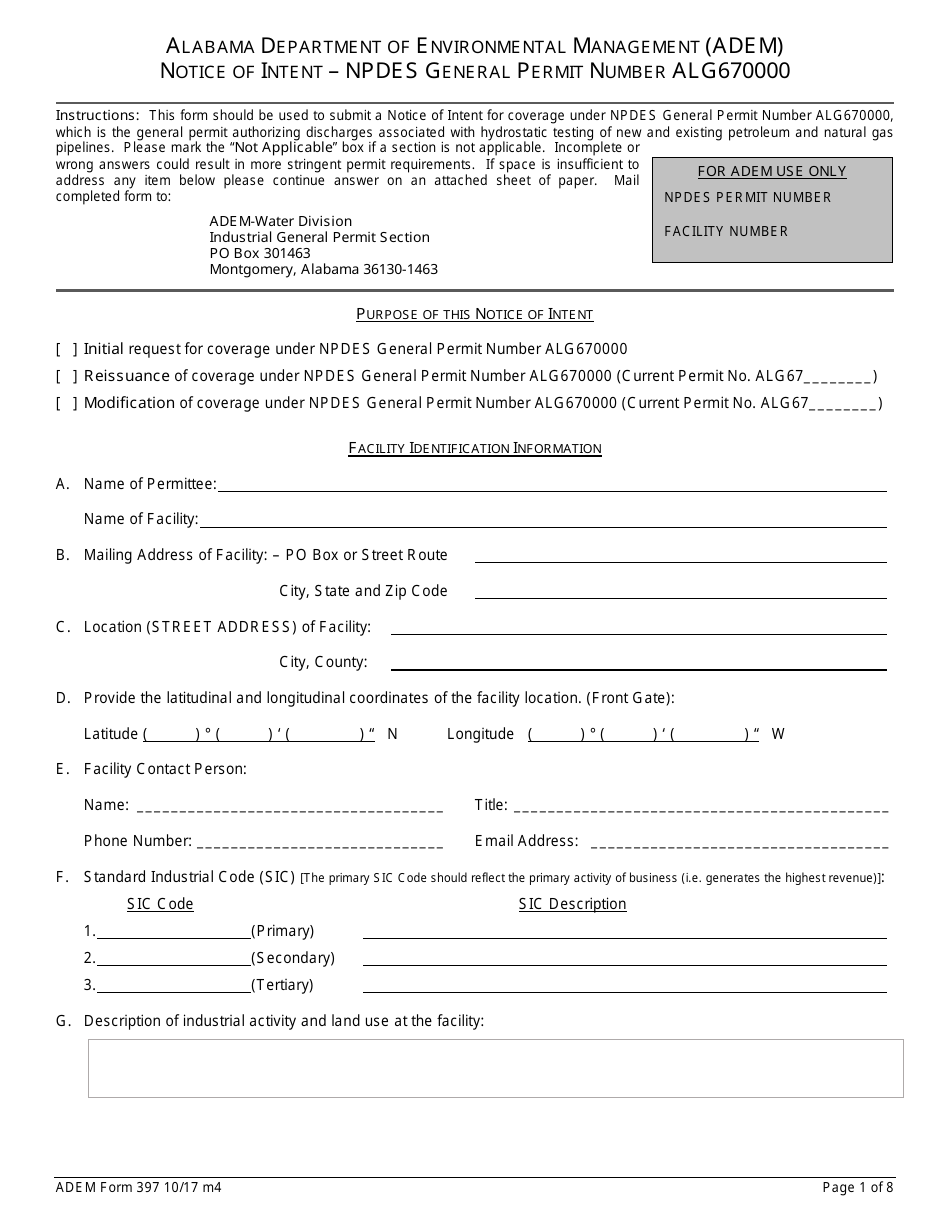 ADEM Form 397 Notice of Intent - Npdes General Permit Number Alg670000 - Alabama, Page 1