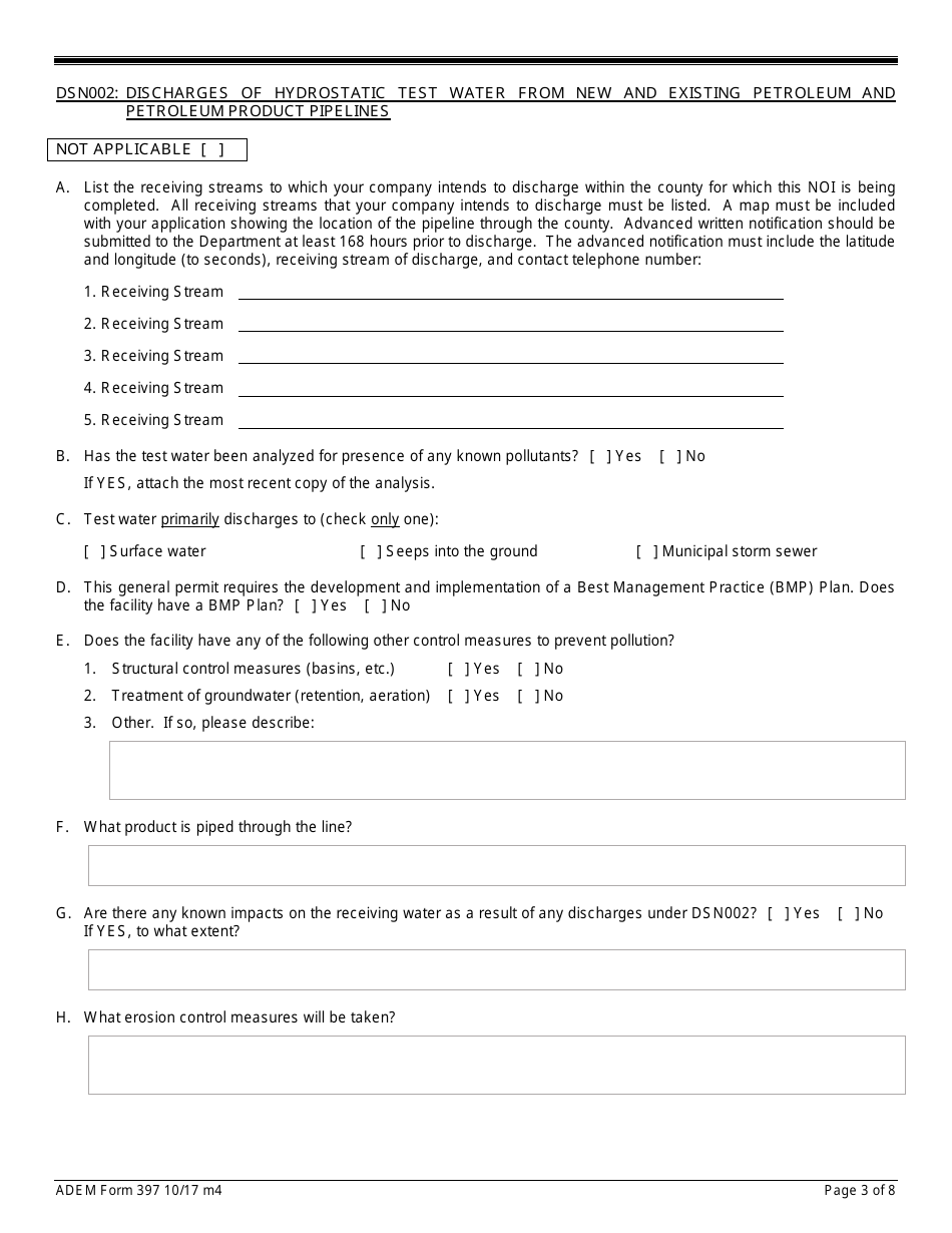 ADEM Form 397 Notice of Intent - Npdes General Permit Number Alg670000 - Alabama, Page 3