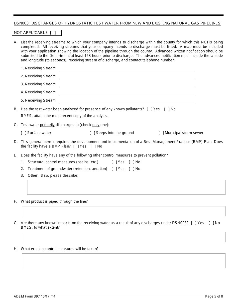 ADEM Form 397 Notice of Intent - Npdes General Permit Number Alg670000 - Alabama, Page 5