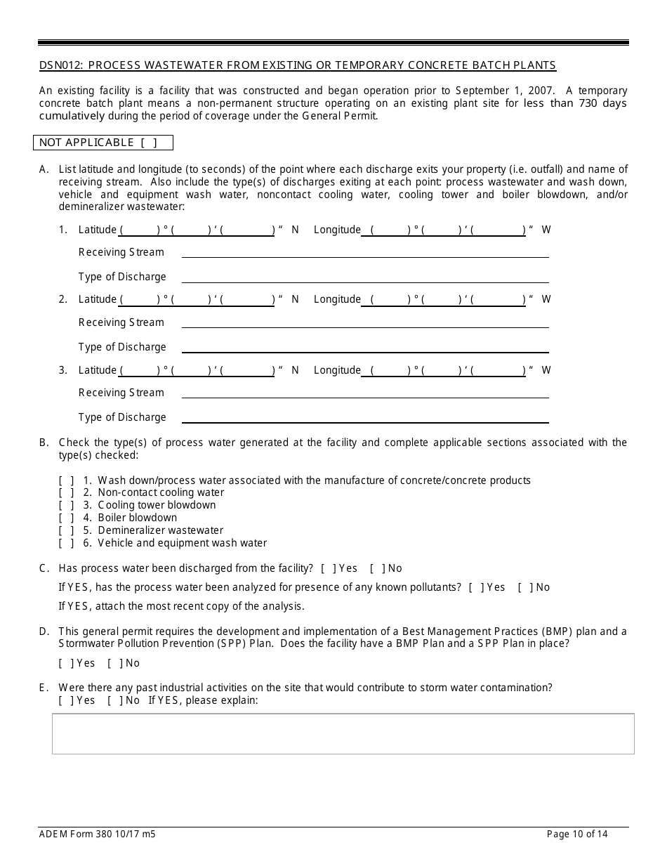 ADEM Form 380 Notice of Intent - Npdes General Permit Number Alg110000 - Alabama, Page 10
