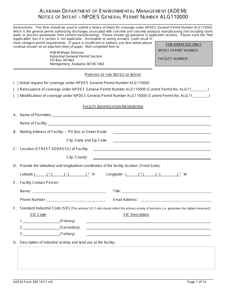 ADEM Form 380 Notice of Intent - Npdes General Permit Number Alg110000 - Alabama, Page 1