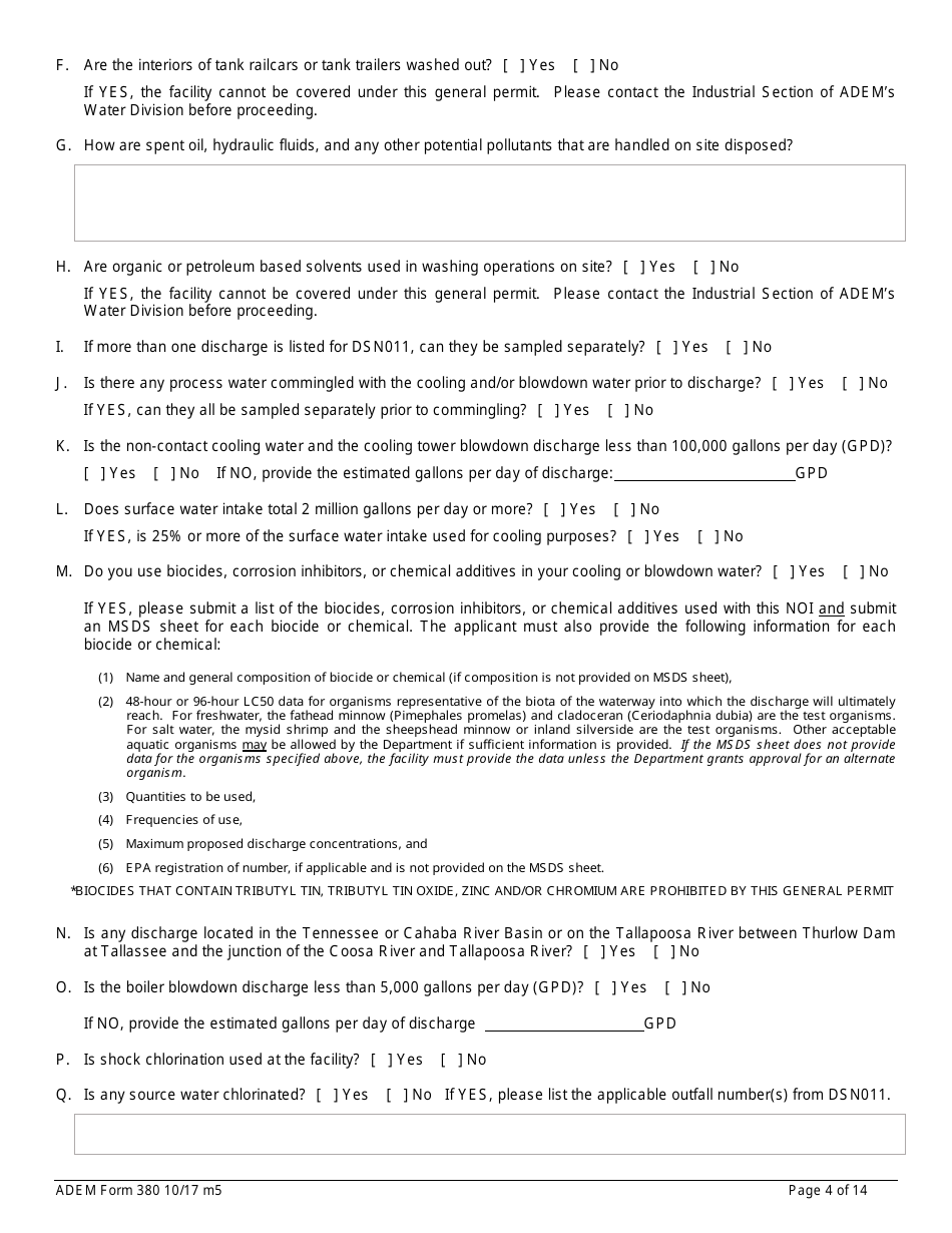 ADEM Form 380 Notice of Intent - Npdes General Permit Number Alg110000 - Alabama, Page 4