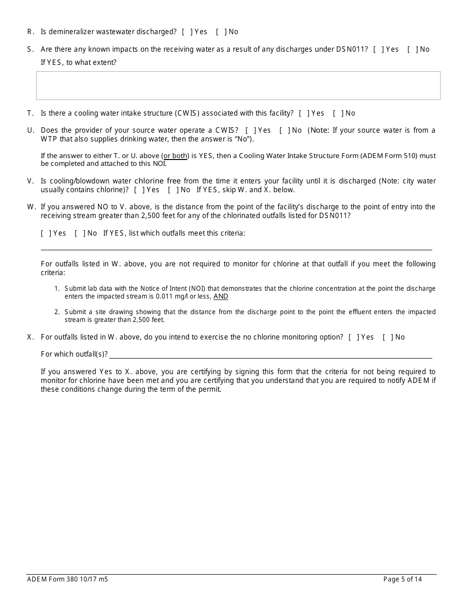 ADEM Form 380 Notice of Intent - Npdes General Permit Number Alg110000 - Alabama, Page 5