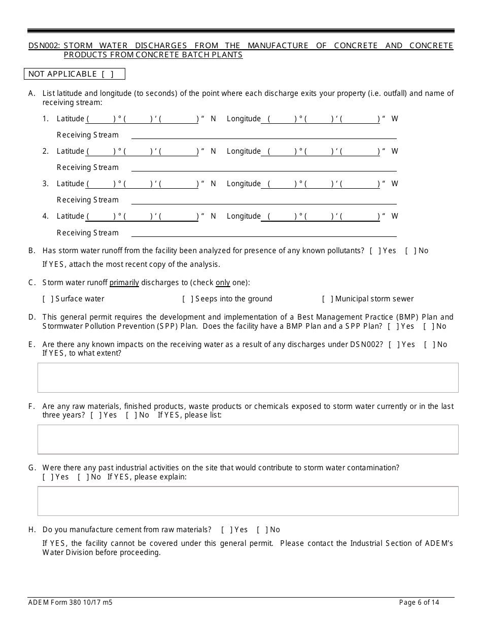 ADEM Form 380 Notice of Intent - Npdes General Permit Number Alg110000 - Alabama, Page 6
