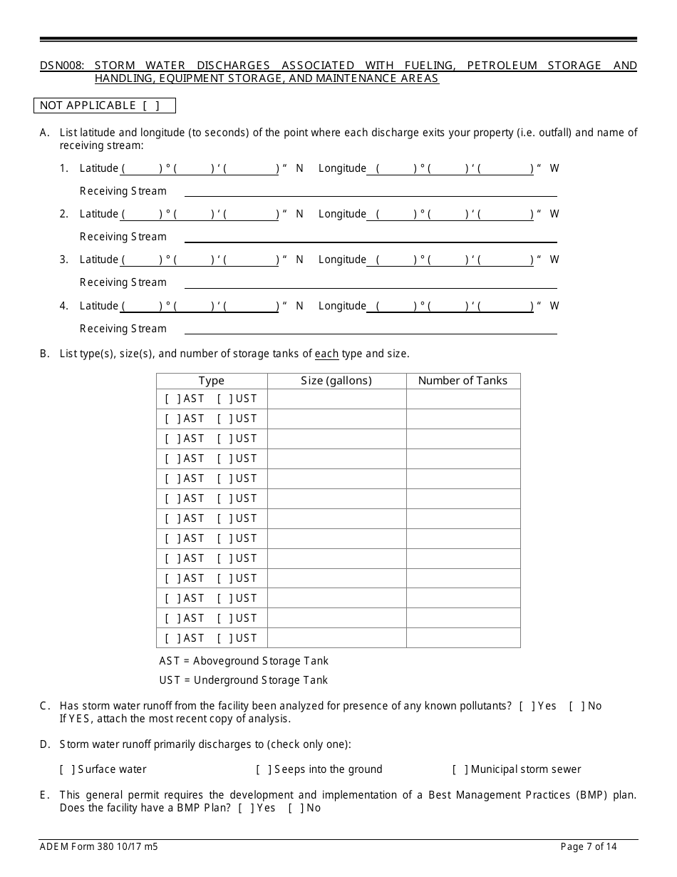 ADEM Form 380 Notice of Intent - Npdes General Permit Number Alg110000 - Alabama, Page 7