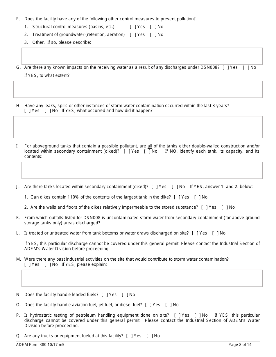 ADEM Form 380 Notice of Intent - Npdes General Permit Number Alg110000 - Alabama, Page 8