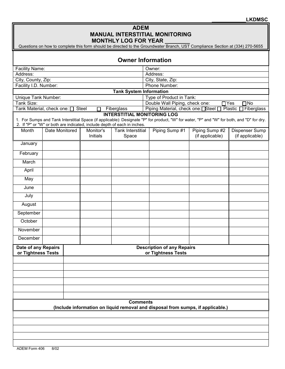 ADEM Form 406 Manual Interstitial Monitoring Monthly Log - Alabama, Page 1