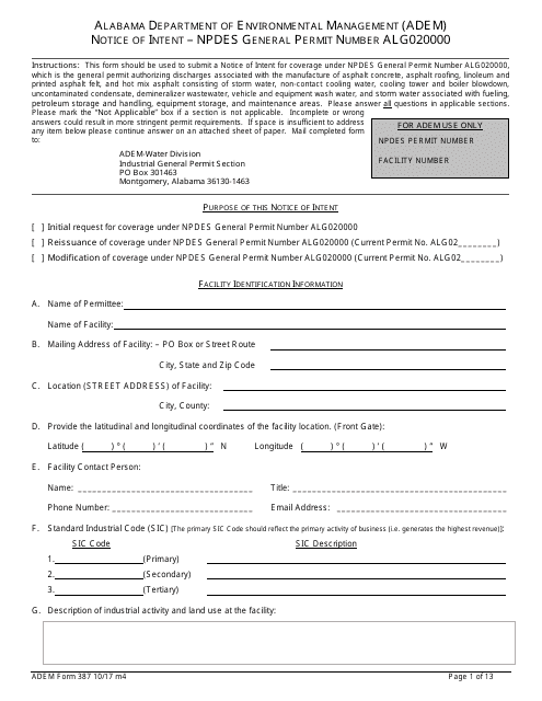 ADEM Form 387 Notice of Intent - Npdes General Permit Number Alg020000 - Alabama