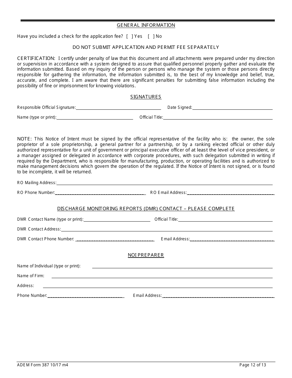 ADEM Form 387 Notice of Intent - Npdes General Permit Number Alg020000 - Alabama, Page 12