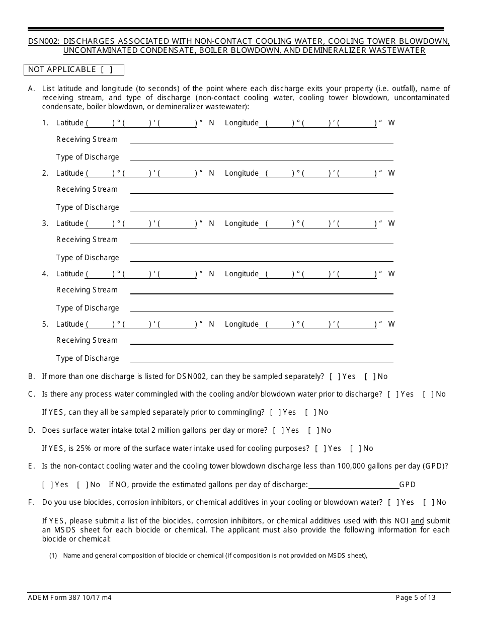 ADEM Form 387 Notice of Intent - Npdes General Permit Number Alg020000 - Alabama, Page 5