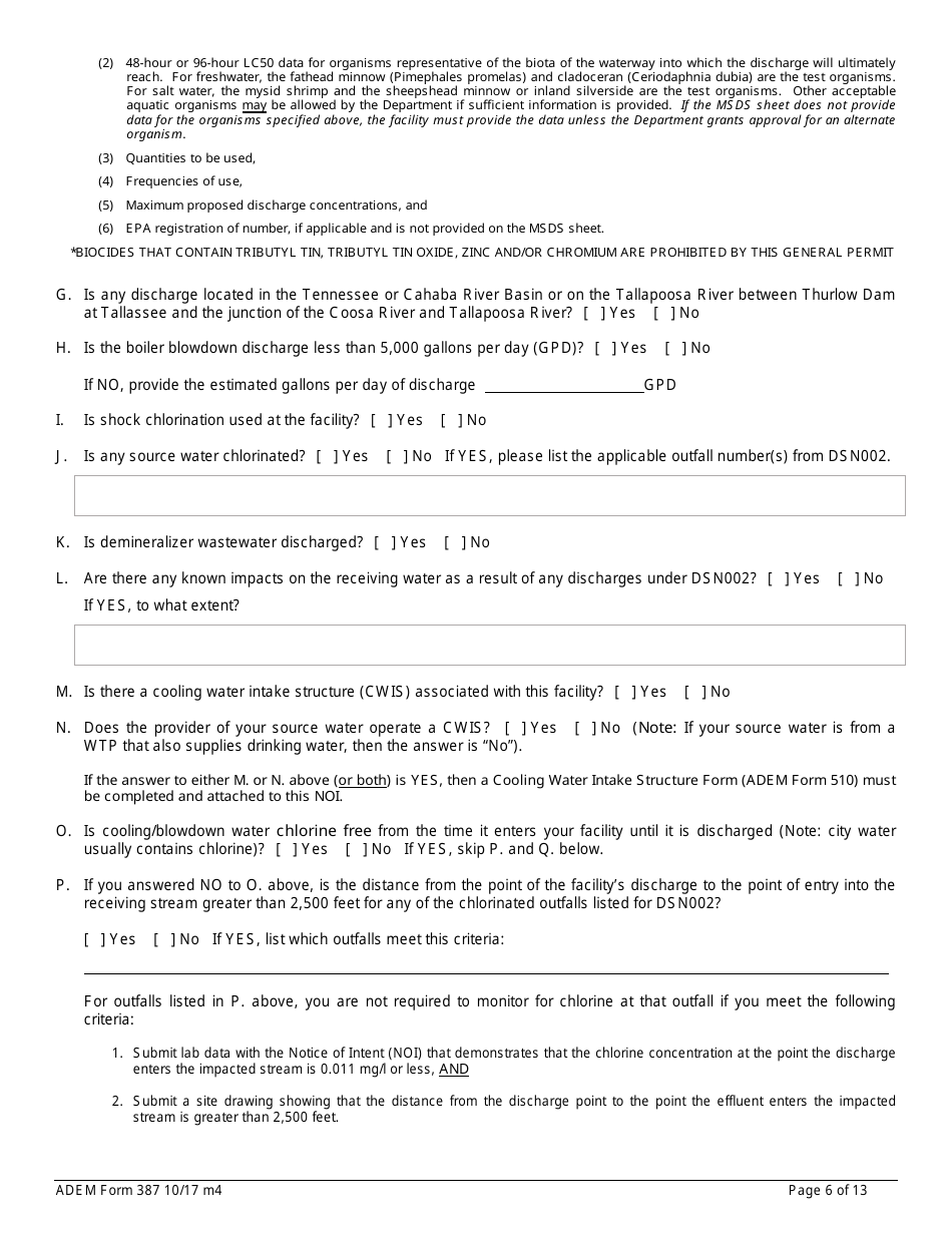 ADEM Form 387 Notice of Intent - Npdes General Permit Number Alg020000 - Alabama, Page 6