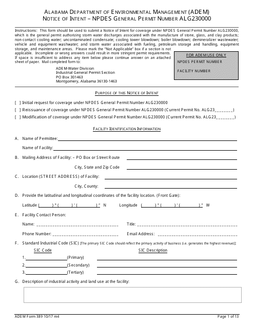 ADEM Form 389 Notice of Intent - Npdes General Permit Number Alg230000 - Alabama