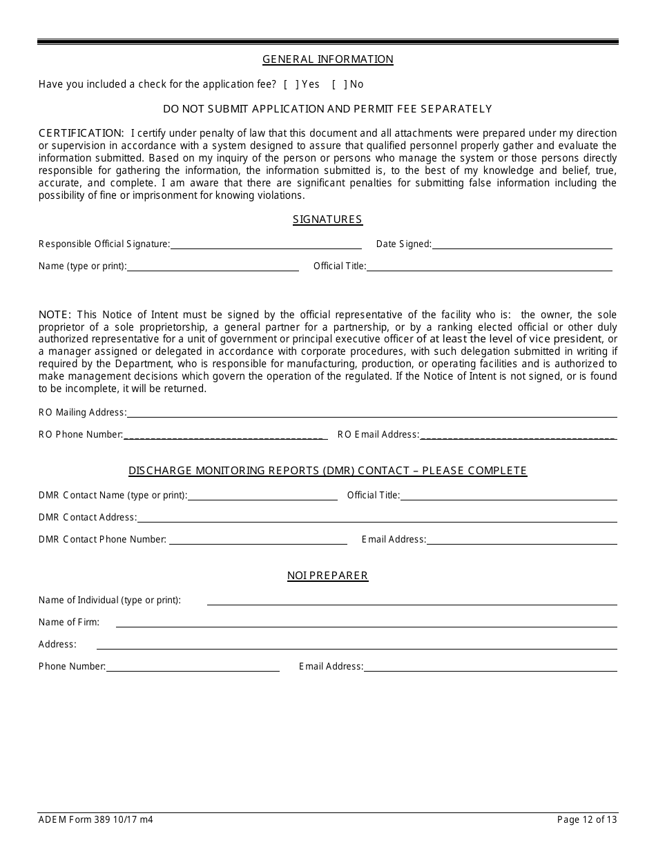 ADEM Form 389 Download Printable PDF or Fill Online Notice of Intent ...