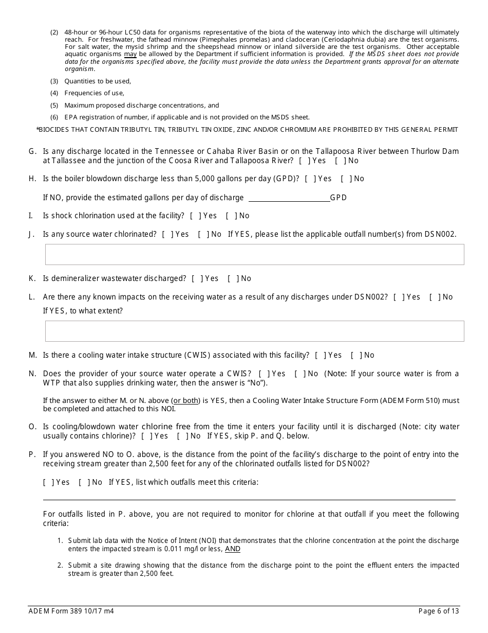 ADEM Form 389 Notice of Intent - Npdes General Permit Number Alg230000 - Alabama, Page 6
