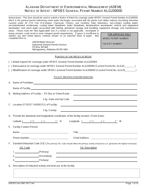 ADEM Form 388 Notice of Intent - Npdes General Permit Number Alg200000 - Alabama