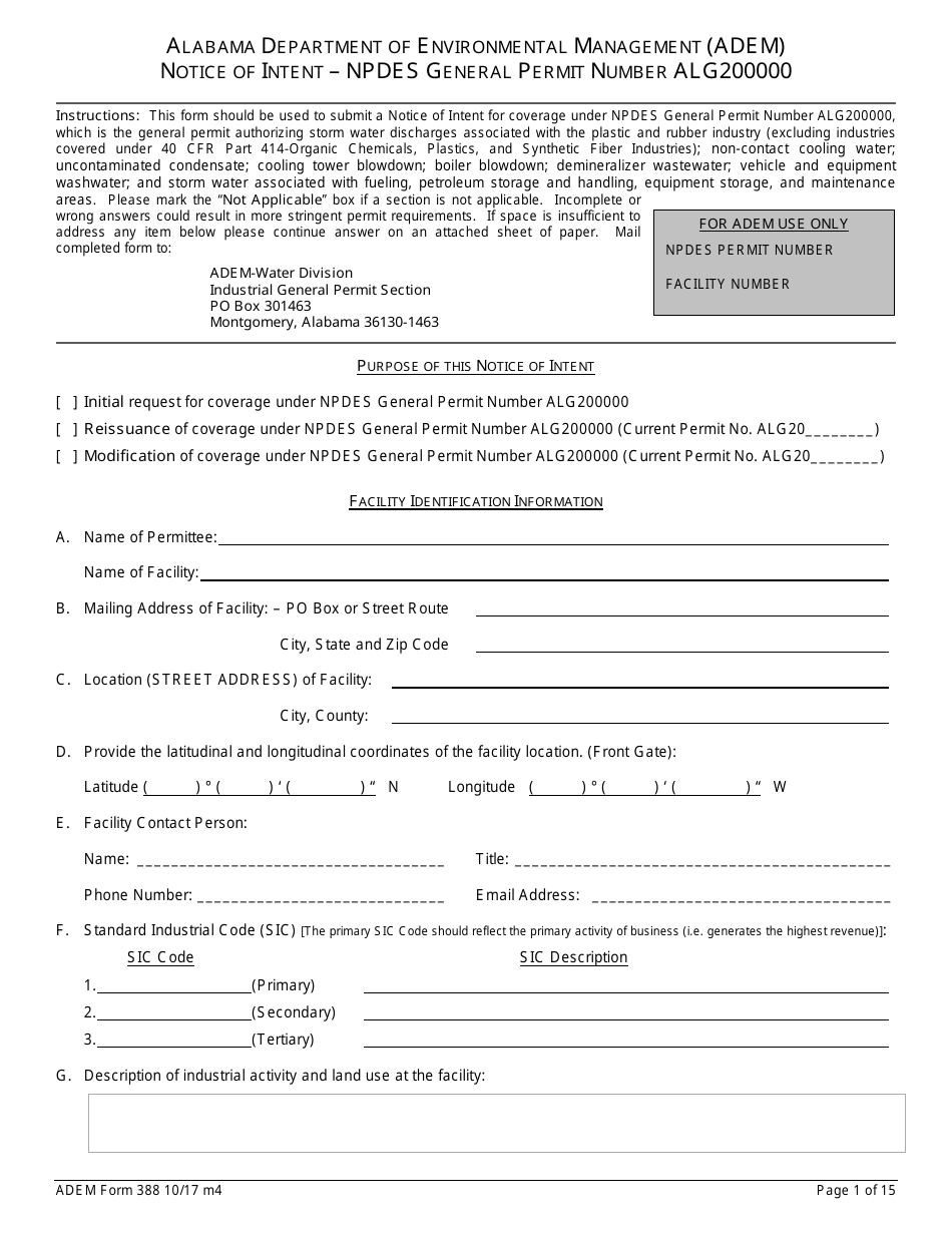 ADEM Form 388 Notice of Intent - Npdes General Permit Number Alg200000 - Alabama, Page 1