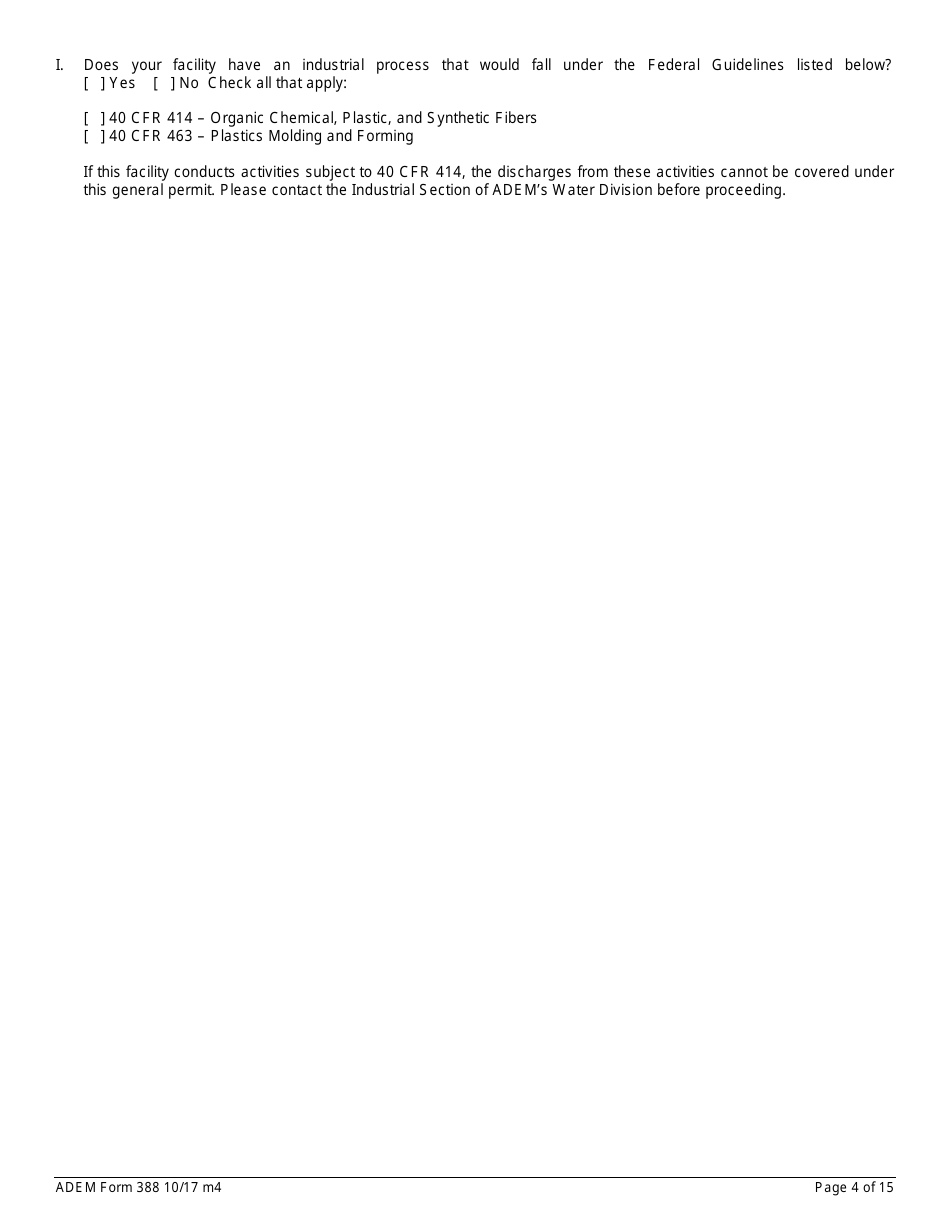 ADEM Form 388 Notice of Intent - Npdes General Permit Number Alg200000 - Alabama, Page 4
