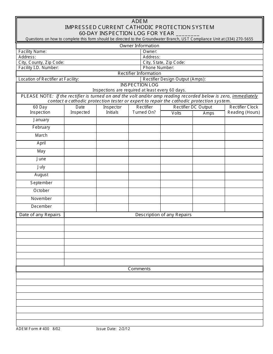 ADEM Form 400 Impressed Current Cathodic Protection System 60-day Inspection Log - Alabama, Page 1