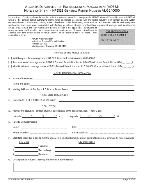 ADEM Form 390 Notice of Intent - Npdes General Permit Number Alg240000 - Alabama