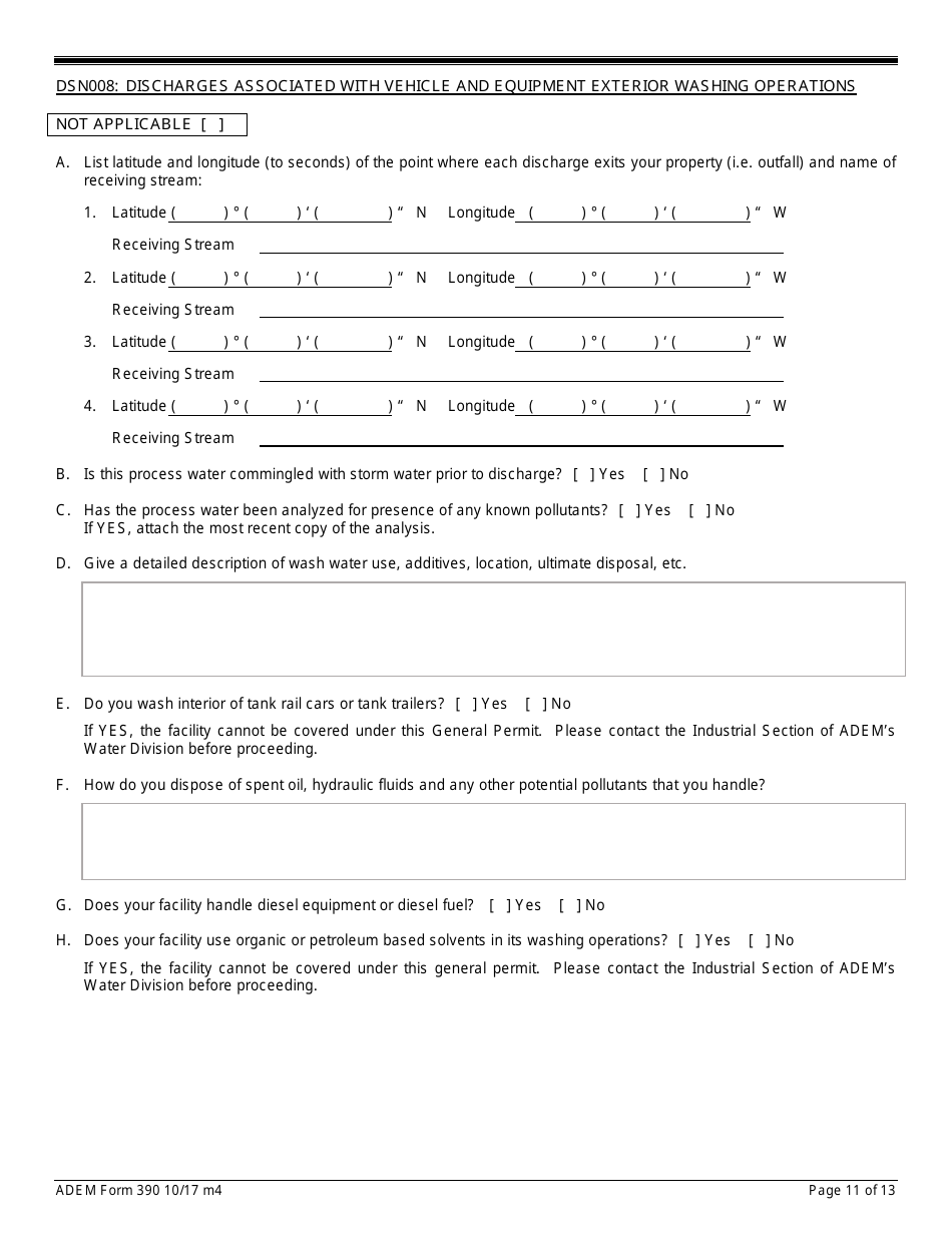 ADEM Form 390 Notice of Intent - Npdes General Permit Number Alg240000 - Alabama, Page 11
