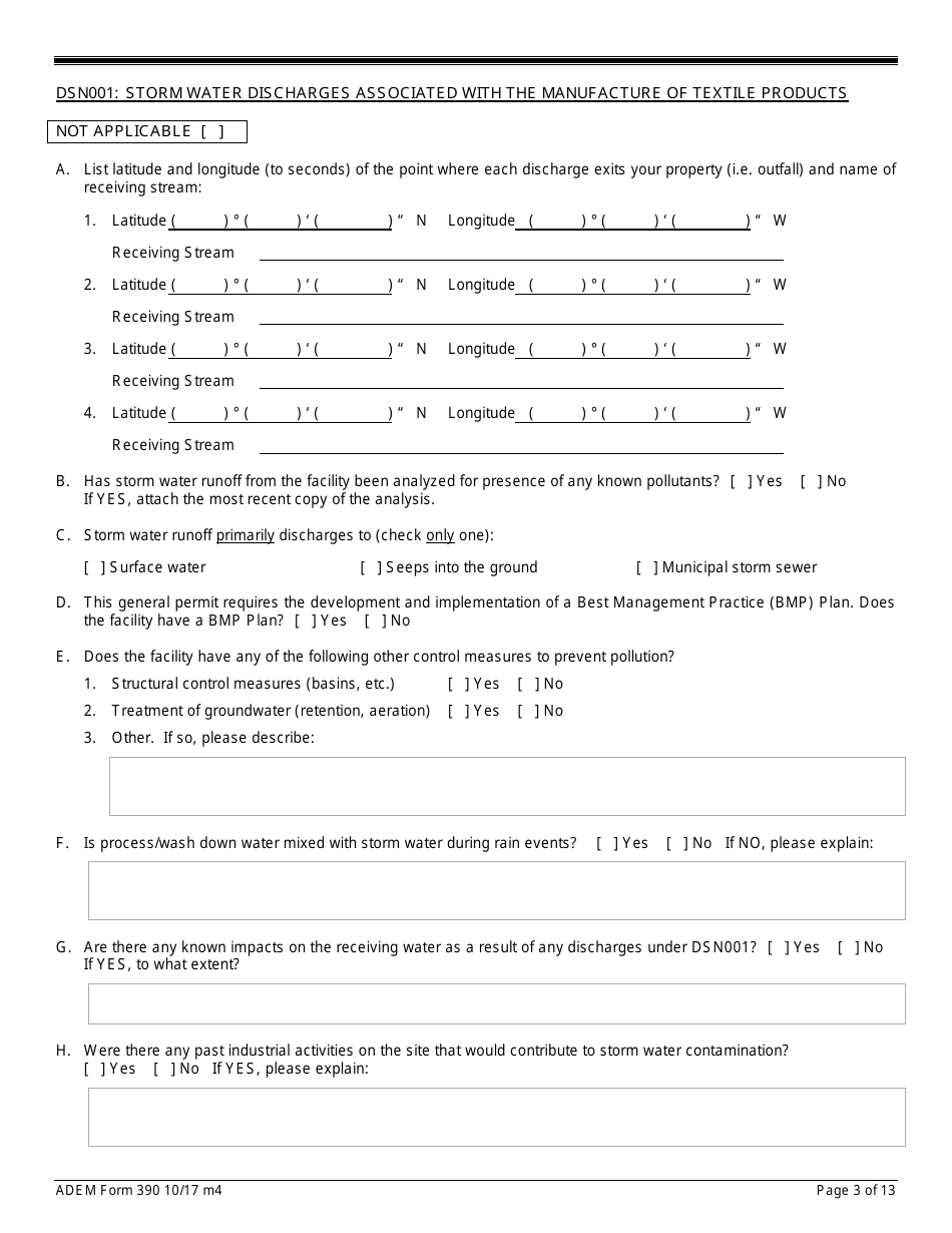 ADEM Form 390 Notice of Intent - Npdes General Permit Number Alg240000 - Alabama, Page 3
