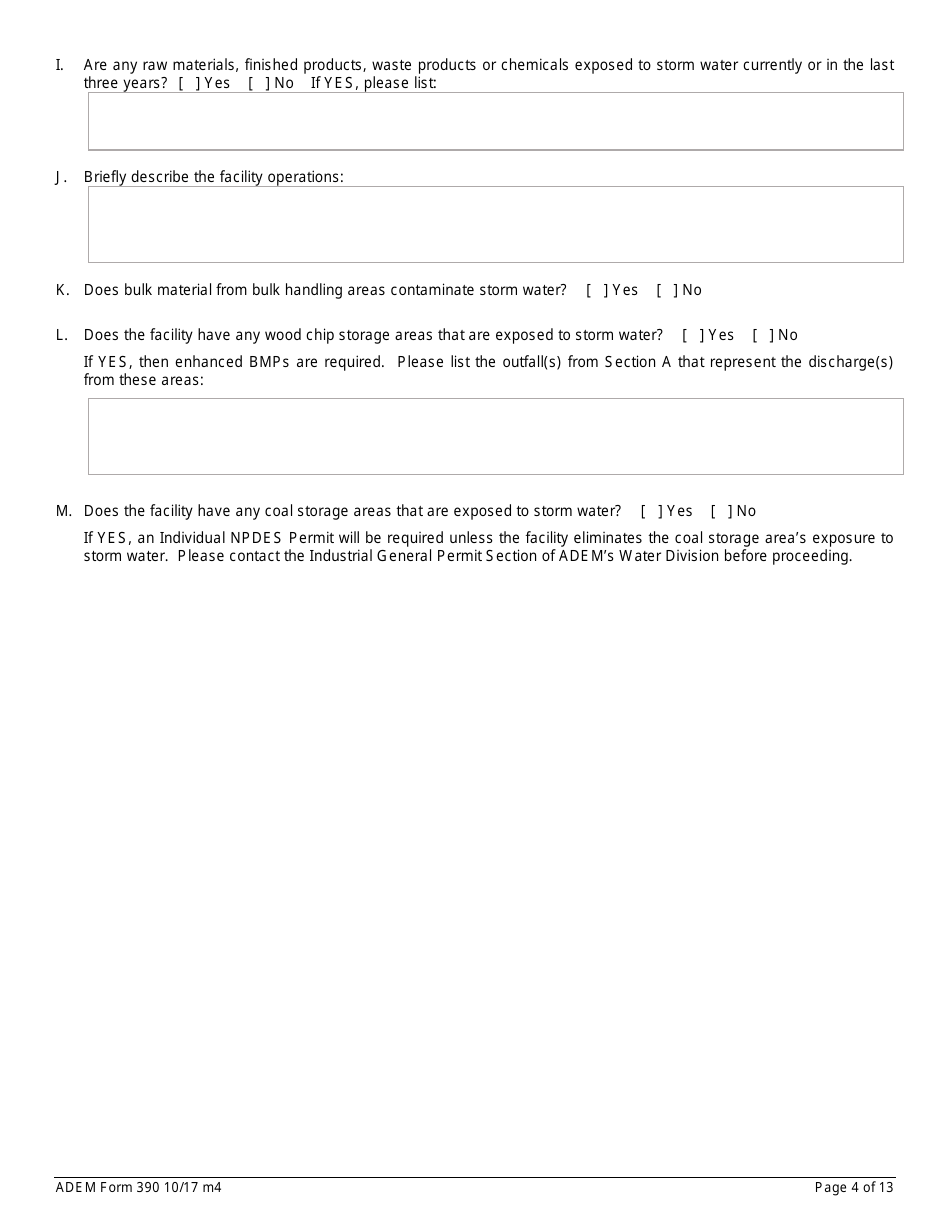 ADEM Form 390 Notice of Intent - Npdes General Permit Number Alg240000 - Alabama, Page 4