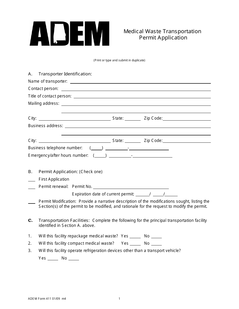 ADEM Form 411 Medical Waste Transportation Permit Application - Alabama, Page 1