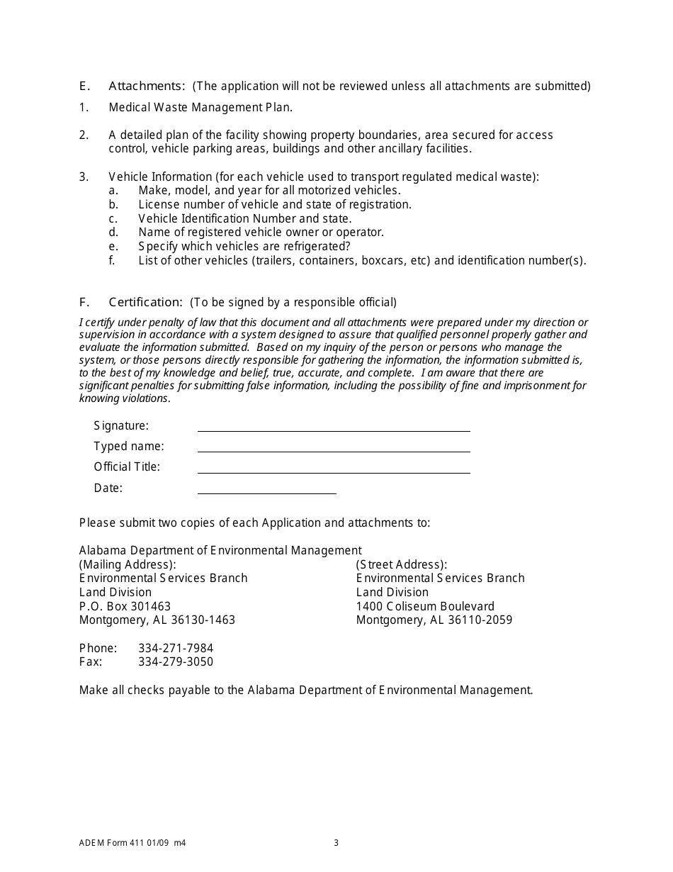 ADEM Form 411 Medical Waste Transportation Permit Application - Alabama, Page 3