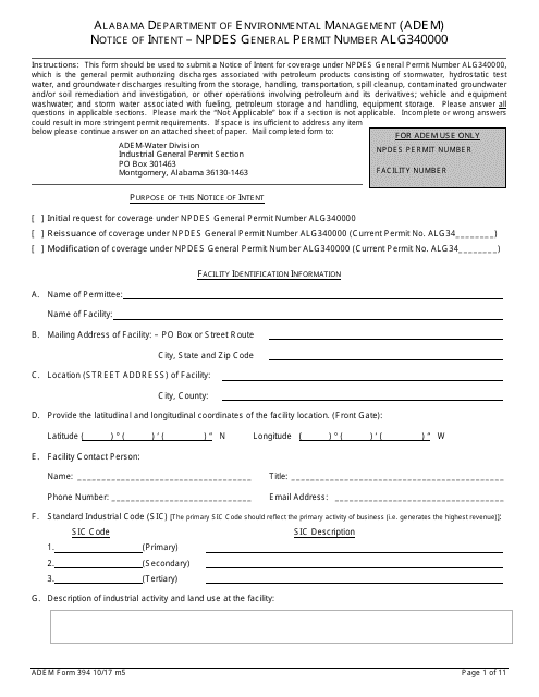 ADEM Form 394 Notice of Intent - Npdes General Permit Number Alg340000 - Alabama