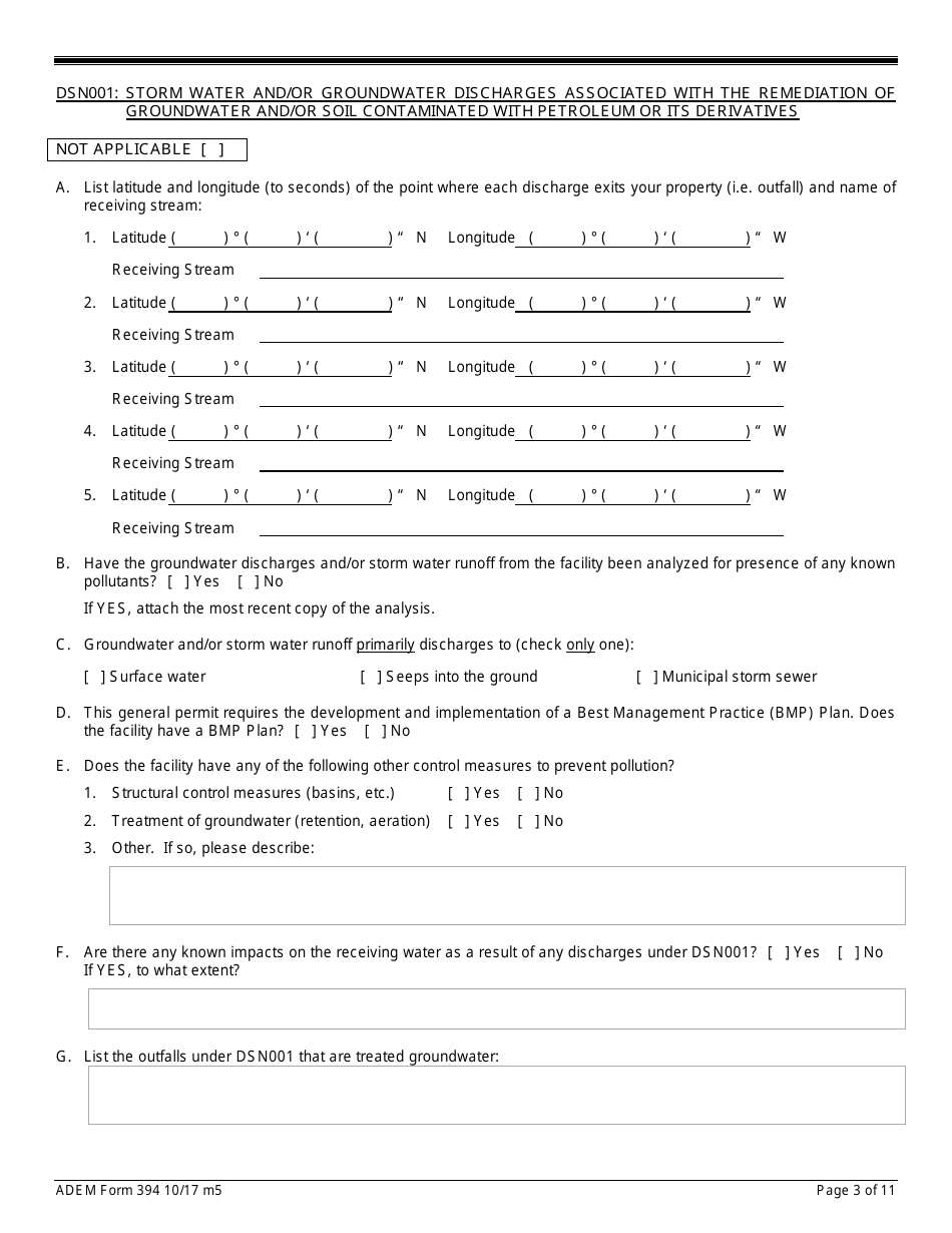 ADEM Form 394 Download Printable PDF or Fill Online Notice of Intent ...